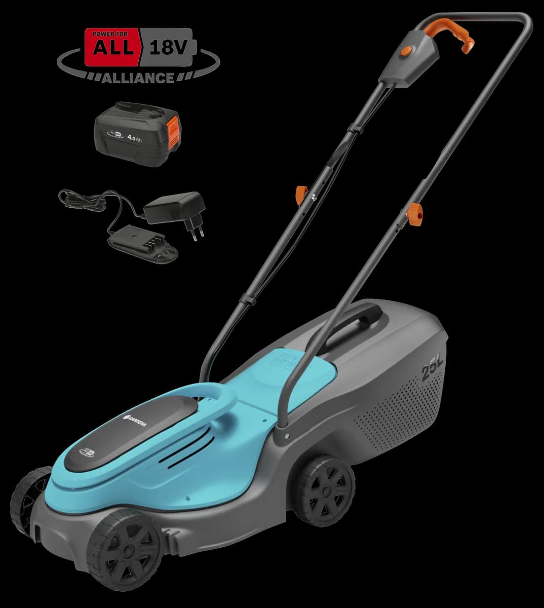 Газонокосилка аккумуляторная Gardena PowerMax 30-18V P4A, 18 В, ширина скашивания 30 см, комплект с АКБ и ЗУ