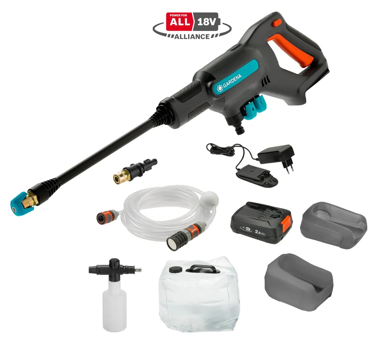 Мойка высокого давления аккумуляторная Gardena AquaClean 24-18V P4A Premium, 18 В, давление 24 бар, комплект с АКБ и ЗУ